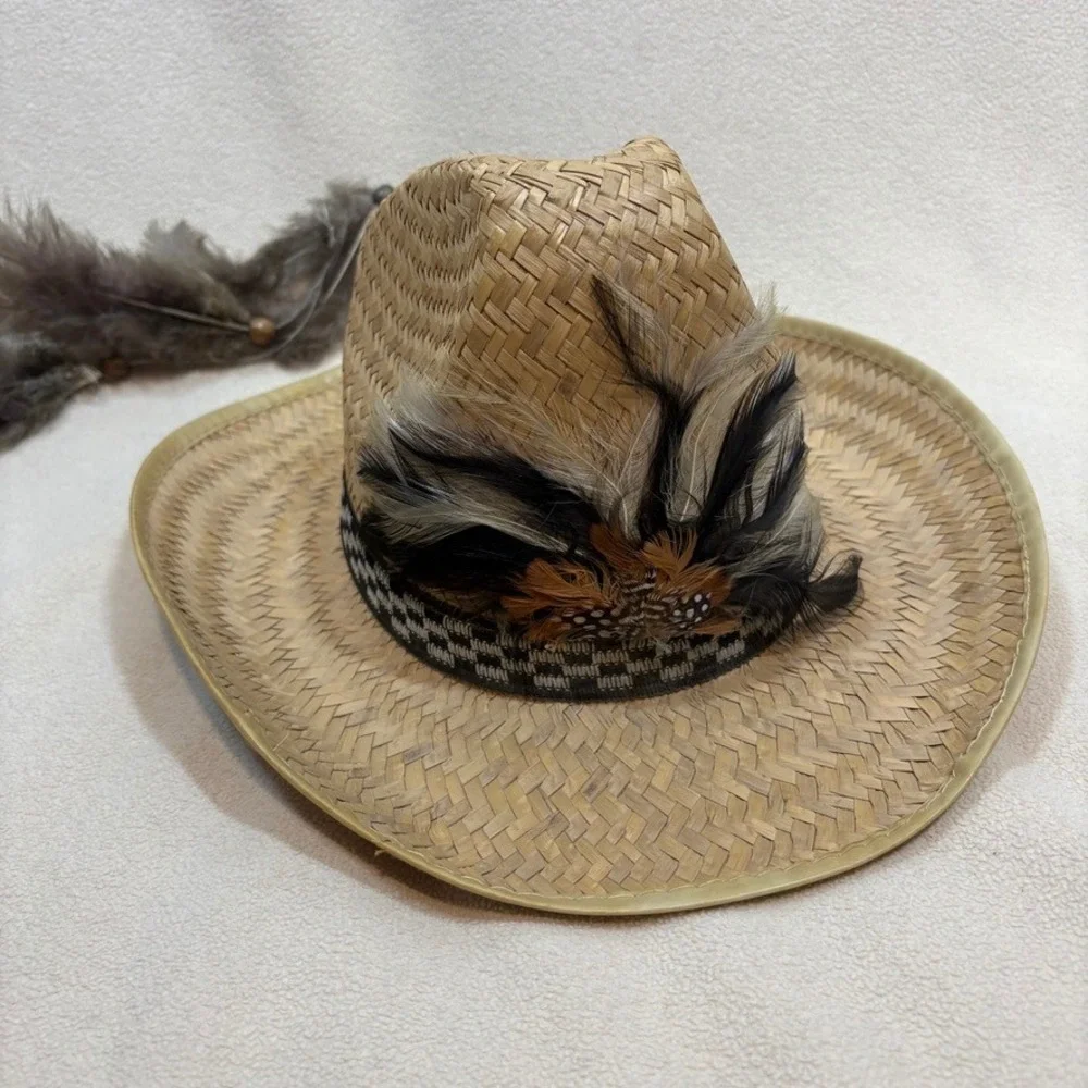 Natural Straw Cowboy Cowgirl Hat Feather Band Hang Charm Western Boho Festival
